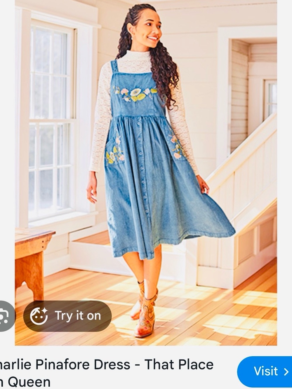 NWT April Cornell Blue Denim Midi Pinafore Dress with Floral Embroidery